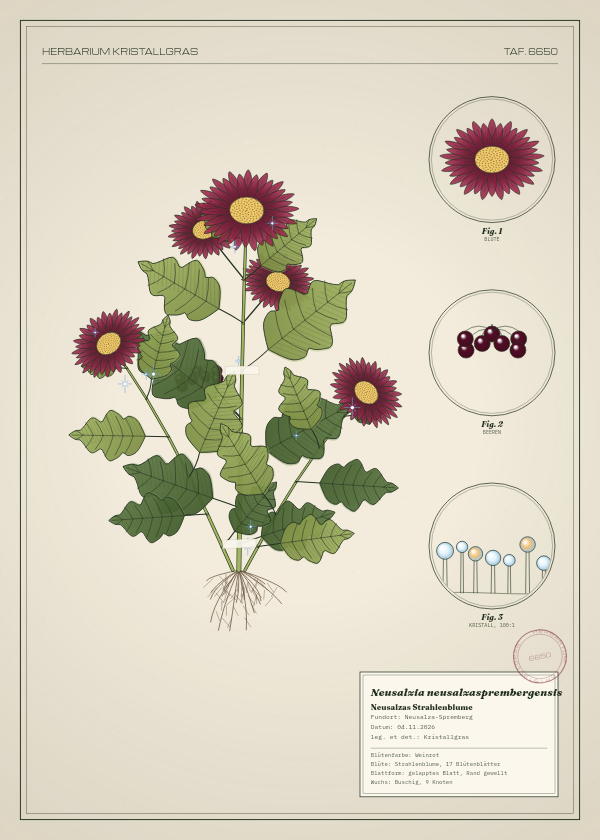 Botanische Tafel: Neusalzia neusalzasprembergensis, eine erfundene Pflanze aus Neusalza-Spremberg, gezeichnet wie in einem alten Pflanzenatlas