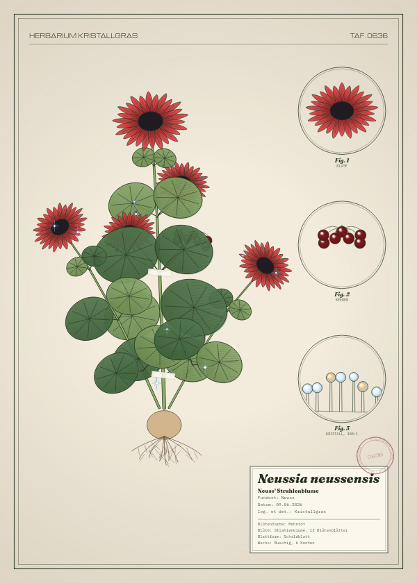 Botanische Tafel: Neussia neussensis, eine erfundene Pflanze aus Neuss, gezeichnet wie in einem alten Pflanzenatlas