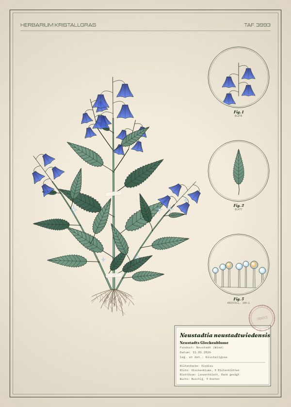 Botanische Tafel: Neustadtia neustadtwiedensis, eine erfundene Pflanze aus Neustadt (Wied), gezeichnet wie in einem alten Pflanzenatlas