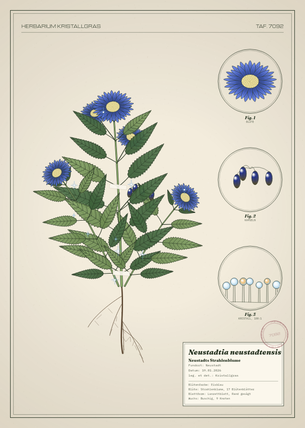 Botanische Tafel: Neustadtia neustadtensis, eine erfundene Pflanze aus Neustadt, gezeichnet wie in einem alten Pflanzenatlas