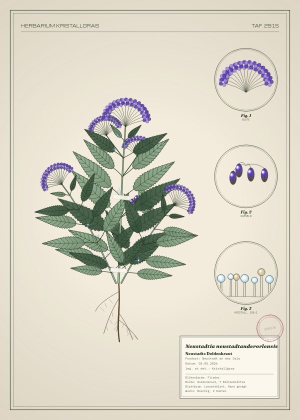 Botanische Tafel: Neustadtia neustadtanderorlensis, eine erfundene Pflanze aus Neustadt an der Orla, gezeichnet wie in einem alten Pflanzenatlas