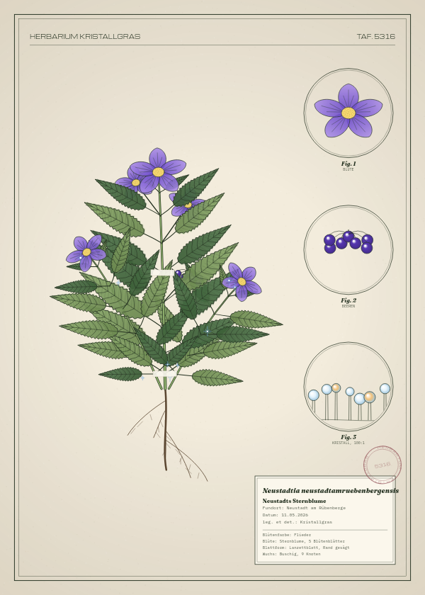 Botanische Tafel: Neustadtia neustadtamruebenbergensis, eine erfundene Pflanze aus Neustadt am Rübenberge, gezeichnet wie in einem alten Pflanzenatlas