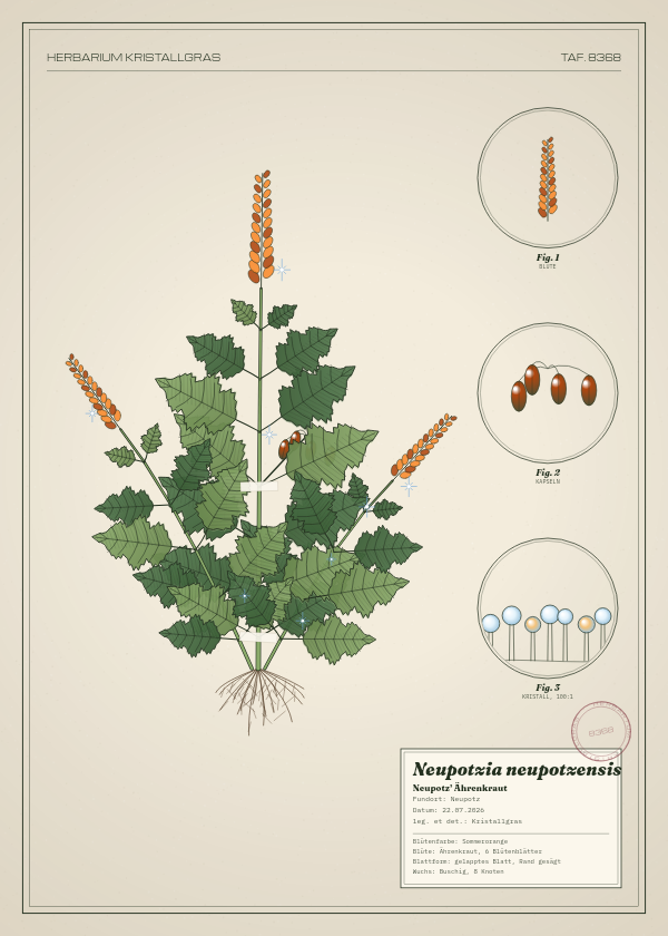 Botanische Tafel: Neupotzia neupotzensis, eine erfundene Pflanze aus Neupotz, gezeichnet wie in einem alten Pflanzenatlas