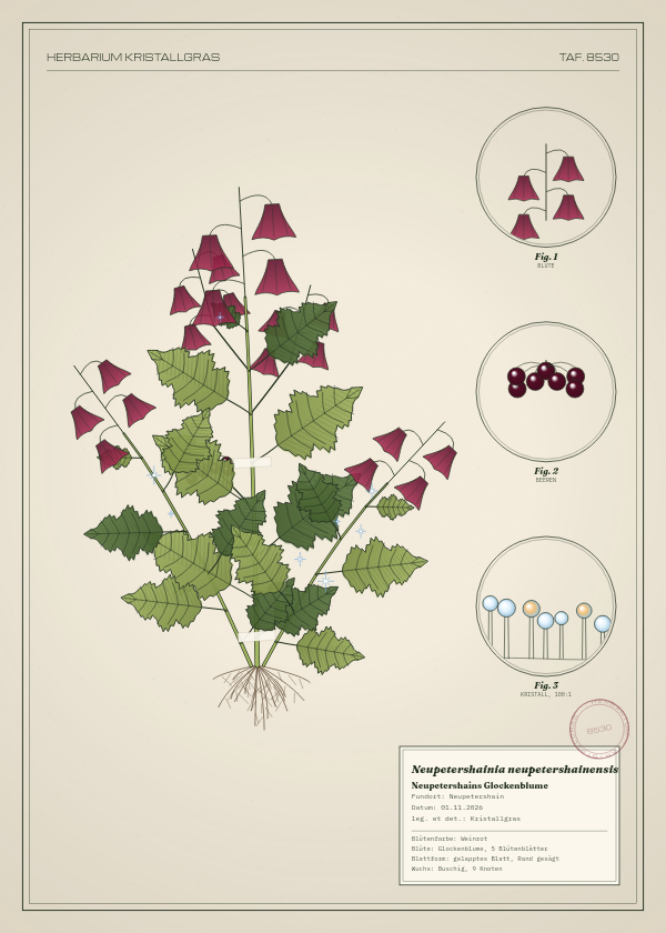 Botanische Tafel: Neupetershainia neupetershainensis, eine erfundene Pflanze aus Neupetershain, gezeichnet wie in einem alten Pflanzenatlas