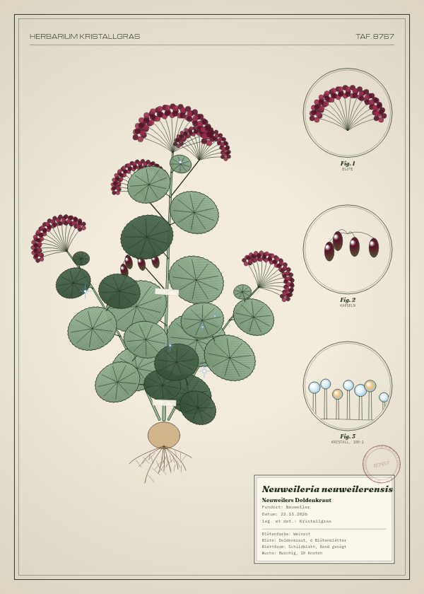 Botanische Tafel: Neuweileria neuweilerensis, eine erfundene Pflanze aus Neuweiler, gezeichnet wie in einem alten Pflanzenatlas