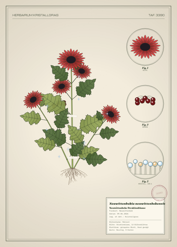 Botanische Tafel: Neuwittenbekia neuwittenbekensis, eine erfundene Pflanze aus Neuwittenbek, gezeichnet wie in einem alten Pflanzenatlas
