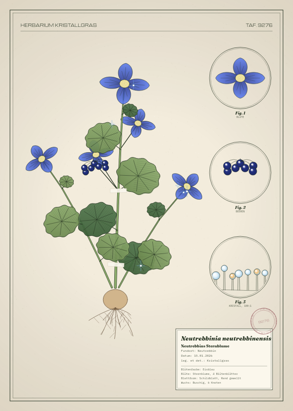 Botanische Tafel: Neutrebbinia neutrebbinensis, eine erfundene Pflanze aus Neutrebbin, gezeichnet wie in einem alten Pflanzenatlas