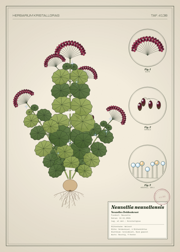 Botanische Tafel: Neuzellia neuzellensis, eine erfundene Pflanze aus Neuzelle, gezeichnet wie in einem alten Pflanzenatlas