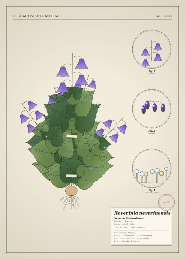 Botanische Tafel: Neverinia neverinensis, eine erfundene Pflanze aus Neverin, gezeichnet wie in einem alten Pflanzenatlas