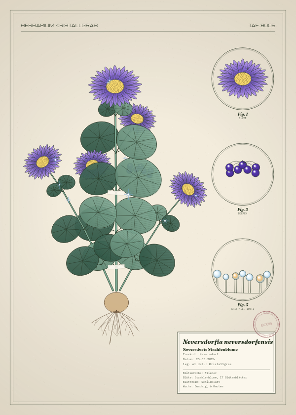 Botanische Tafel: Neversdorfia neversdorfensis, eine erfundene Pflanze aus Neversdorf, gezeichnet wie in einem alten Pflanzenatlas
