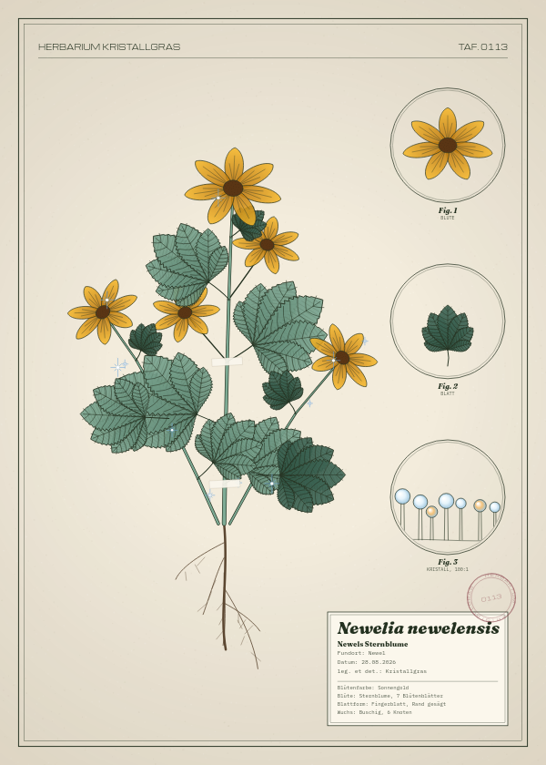 Botanische Tafel: Newelia newelensis, eine erfundene Pflanze aus Newel, gezeichnet wie in einem alten Pflanzenatlas