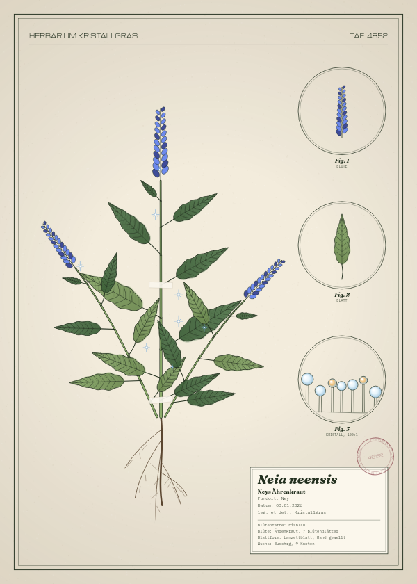 Botanische Tafel: Neia neensis, eine erfundene Pflanze aus Ney, gezeichnet wie in einem alten Pflanzenatlas