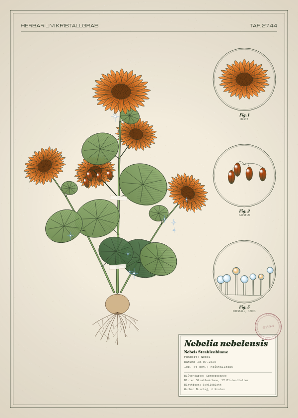 Botanische Tafel: Nebelia nebelensis, eine erfundene Pflanze aus Nebel, gezeichnet wie in einem alten Pflanzenatlas