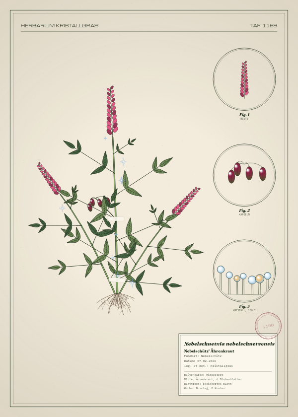 Botanische Tafel: Nebelschuetzia nebelschuetzensis, eine erfundene Pflanze aus Nebelschütz, gezeichnet wie in einem alten Pflanzenatlas