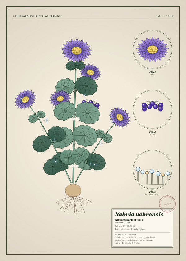 Botanische Tafel: Nebria nebrensis, eine erfundene Pflanze aus Nebra, gezeichnet wie in einem alten Pflanzenatlas