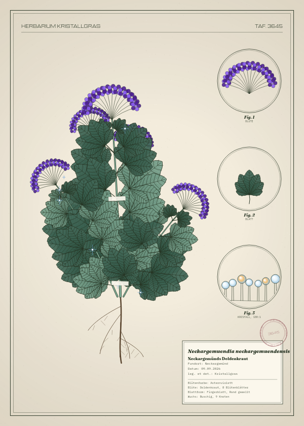 Botanische Tafel: Neckargemuendia neckargemuendensis, eine erfundene Pflanze aus Neckargemünd, gezeichnet wie in einem alten Pflanzenatlas