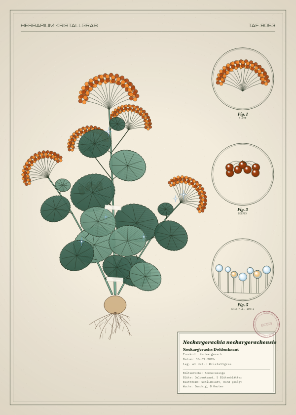 Botanische Tafel: Neckargerachia neckargerachensis, eine erfundene Pflanze aus Neckargerach, gezeichnet wie in einem alten Pflanzenatlas