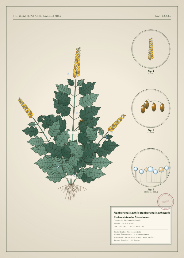 Botanische Tafel: Neckarsteinachia neckarsteinachensis, eine erfundene Pflanze aus Neckarsteinach, gezeichnet wie in einem alten Pflanzenatlas