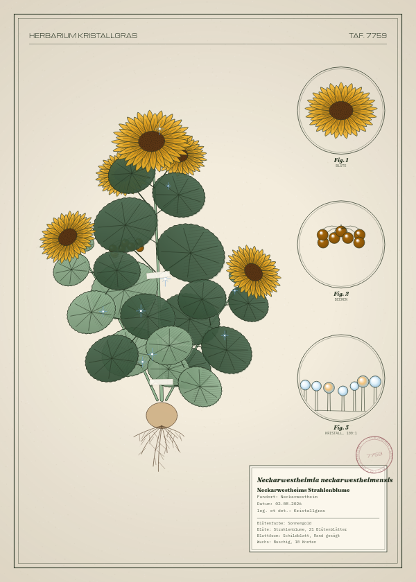 Botanische Tafel: Neckarwestheimia neckarwestheimensis, eine erfundene Pflanze aus Neckarwestheim, gezeichnet wie in einem alten Pflanzenatlas