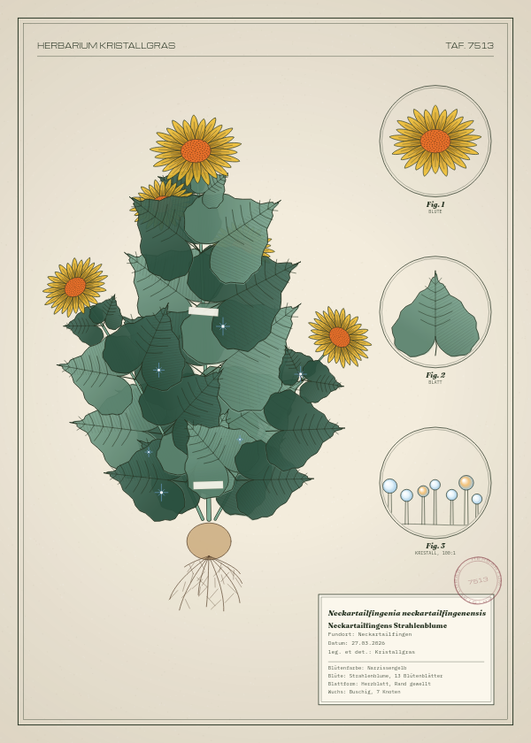 Botanische Tafel: Neckartailfingenia neckartailfingenensis, eine erfundene Pflanze aus Neckartailfingen, gezeichnet wie in einem alten Pflanzenatlas