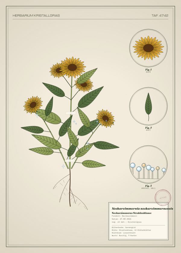 Botanische Tafel: Neckarzimmernia neckarzimmernensis, eine erfundene Pflanze aus Neckarzimmern, gezeichnet wie in einem alten Pflanzenatlas