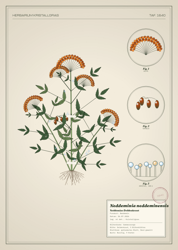 Botanische Tafel: Neddeminia neddeminensis, eine erfundene Pflanze aus Neddemin, gezeichnet wie in einem alten Pflanzenatlas