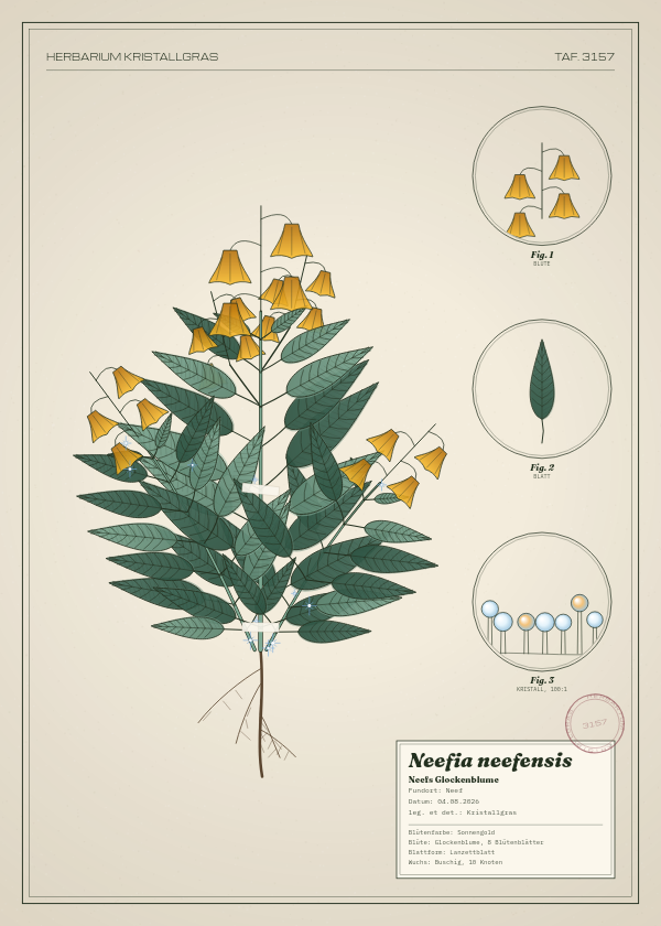Botanische Tafel: Neefia neefensis, eine erfundene Pflanze aus Neef, gezeichnet wie in einem alten Pflanzenatlas