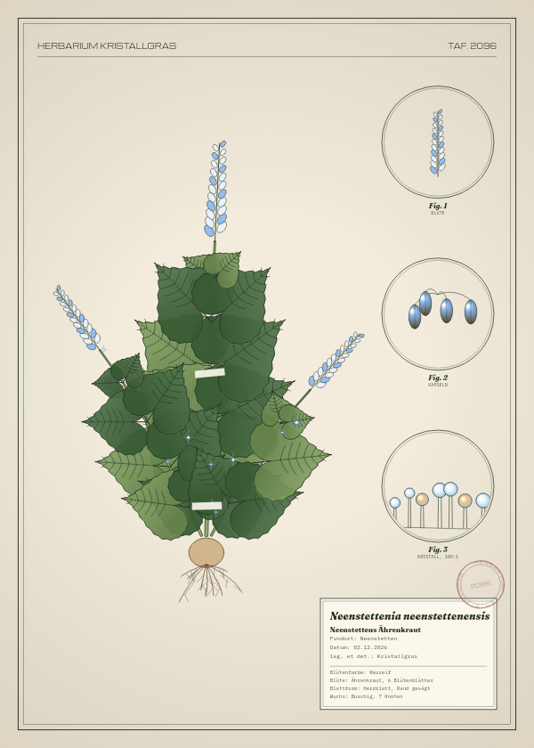 Botanische Tafel: Neenstettenia neenstettenensis, eine erfundene Pflanze aus Neenstetten, gezeichnet wie in einem alten Pflanzenatlas