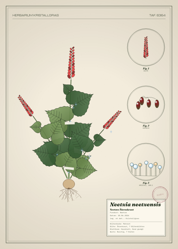 Botanische Tafel: Neetzia neetzensis, eine erfundene Pflanze aus Neetze, gezeichnet wie in einem alten Pflanzenatlas