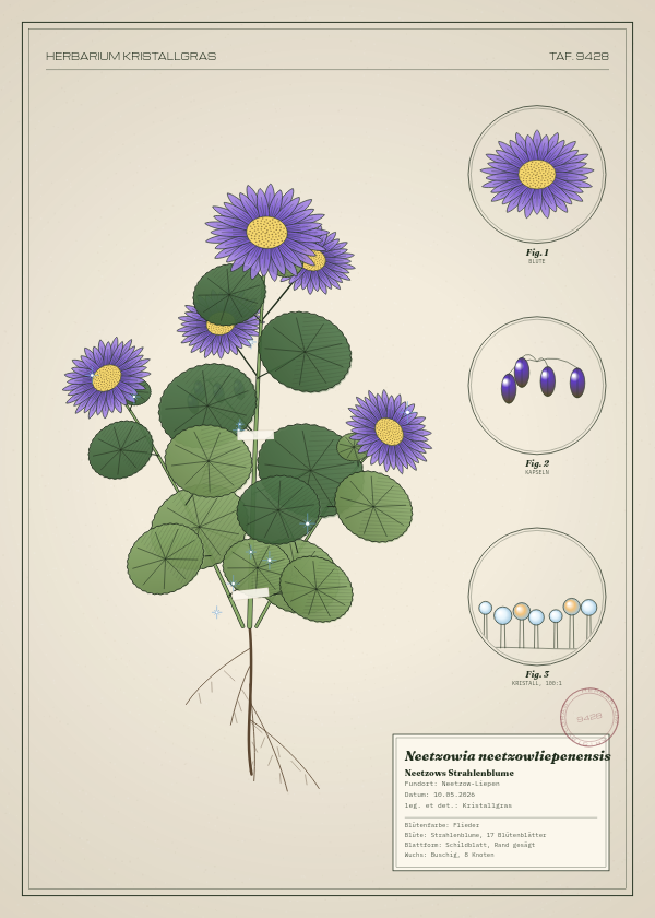 Botanische Tafel: Neetzowia neetzowliepenensis, eine erfundene Pflanze aus Neetzow-Liepen, gezeichnet wie in einem alten Pflanzenatlas