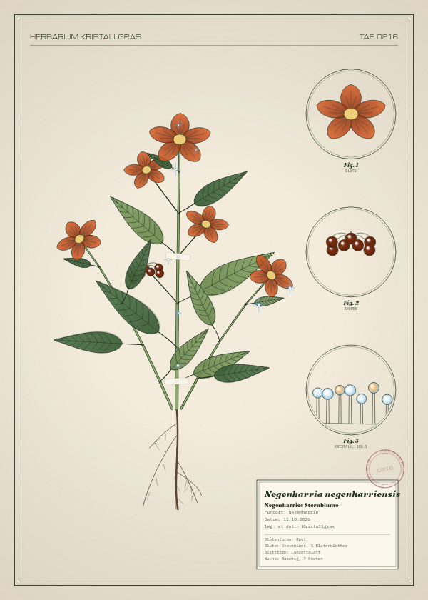 Botanische Tafel: Negenharria negenharriensis, eine erfundene Pflanze aus Negenharrie, gezeichnet wie in einem alten Pflanzenatlas