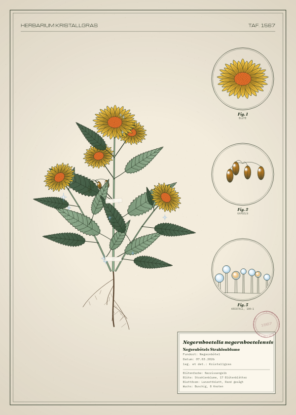 Botanische Tafel: Negernboetelia negernboetelensis, eine erfundene Pflanze aus Negernbötel, gezeichnet wie in einem alten Pflanzenatlas