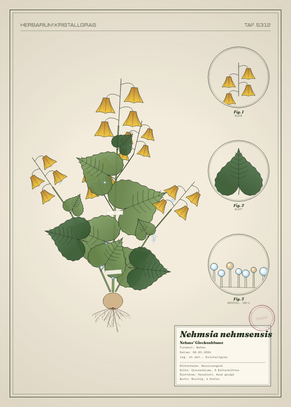 Botanische Tafel: Nehmsia nehmsensis, eine erfundene Pflanze aus Nehms, gezeichnet wie in einem alten Pflanzenatlas