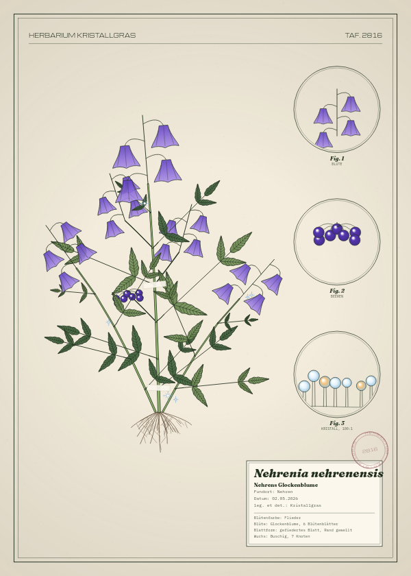 Botanische Tafel: Nehrenia nehrenensis, eine erfundene Pflanze aus Nehren, gezeichnet wie in einem alten Pflanzenatlas