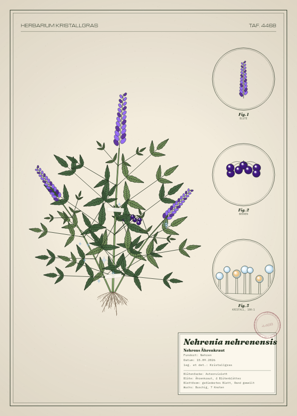 Botanische Tafel: Nehrenia nehrenensis, eine erfundene Pflanze aus Nehren, gezeichnet wie in einem alten Pflanzenatlas
