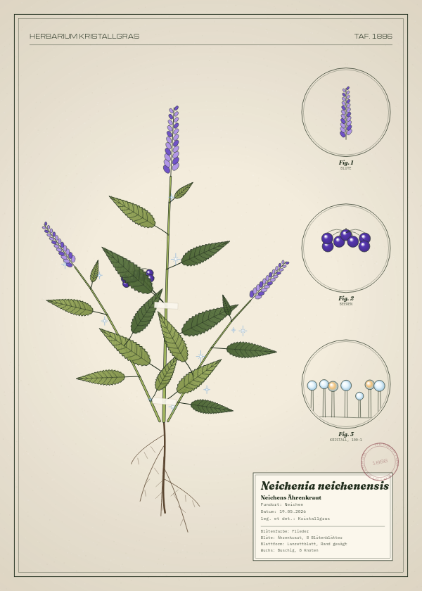 Botanische Tafel: Neichenia neichenensis, eine erfundene Pflanze aus Neichen, gezeichnet wie in einem alten Pflanzenatlas