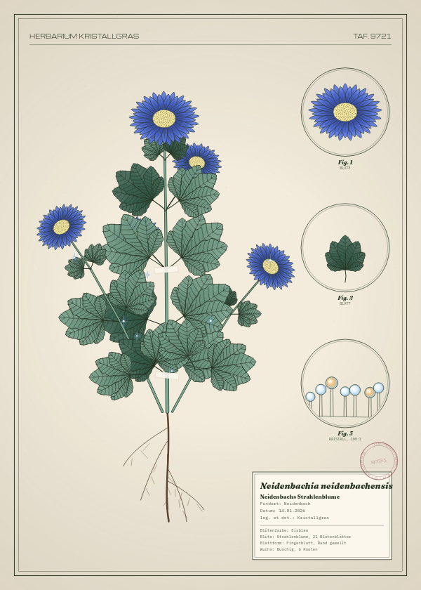 Botanische Tafel: Neidenbachia neidenbachensis, eine erfundene Pflanze aus Neidenbach, gezeichnet wie in einem alten Pflanzenatlas