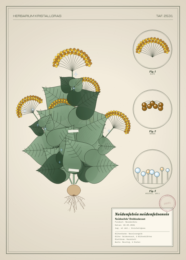 Botanische Tafel: Neidenfelsia neidenfelsensis, eine erfundene Pflanze aus Neidenfels, gezeichnet wie in einem alten Pflanzenatlas