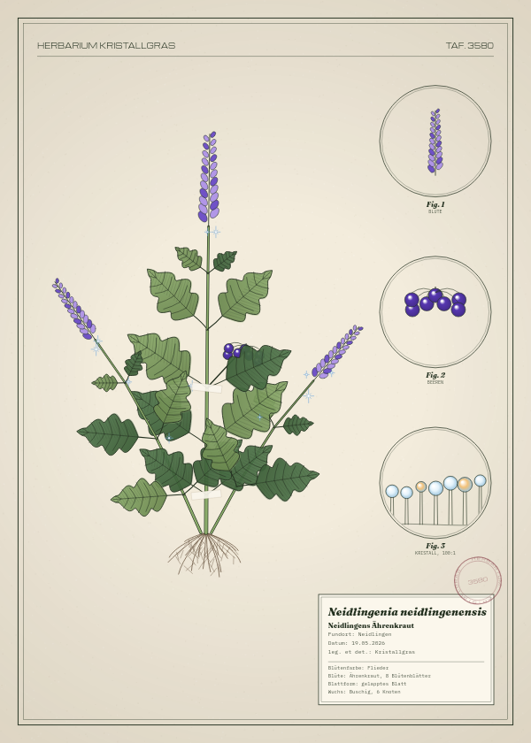 Botanische Tafel: Neidlingenia neidlingenensis, eine erfundene Pflanze aus Neidlingen, gezeichnet wie in einem alten Pflanzenatlas