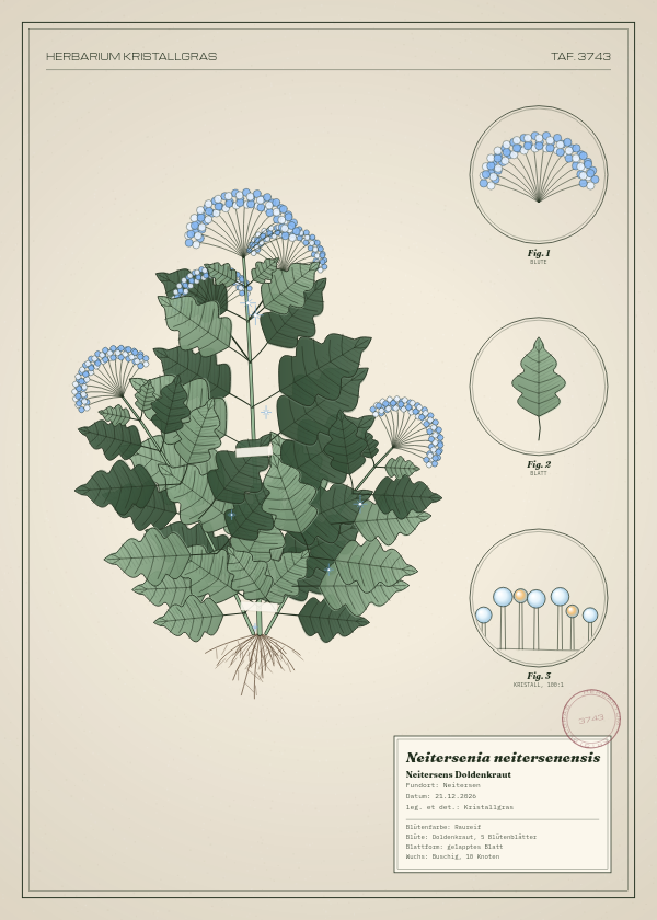 Botanische Tafel: Neitersenia neitersenensis, eine erfundene Pflanze aus Neitersen, gezeichnet wie in einem alten Pflanzenatlas