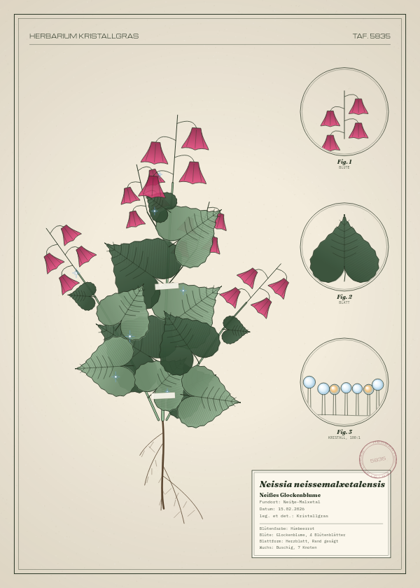 Botanische Tafel: Neissia neissemalxetalensis, eine erfundene Pflanze aus Neiße-Malxetal, gezeichnet wie in einem alten Pflanzenatlas