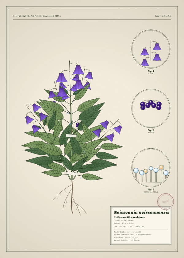 Botanische Tafel: Neisseauia neisseauensis, eine erfundene Pflanze aus Neißeaue, gezeichnet wie in einem alten Pflanzenatlas