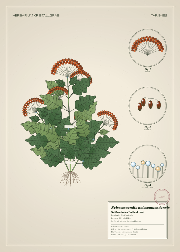 Botanische Tafel: Neissemuendia neissemuendensis, eine erfundene Pflanze aus Neißemünde, gezeichnet wie in einem alten Pflanzenatlas