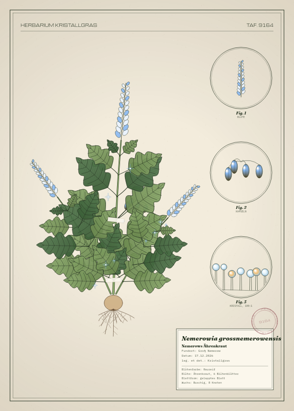Botanische Tafel: Nemerowia grossnemerowensis, eine erfundene Pflanze aus Groß Nemerow, gezeichnet wie in einem alten Pflanzenatlas
