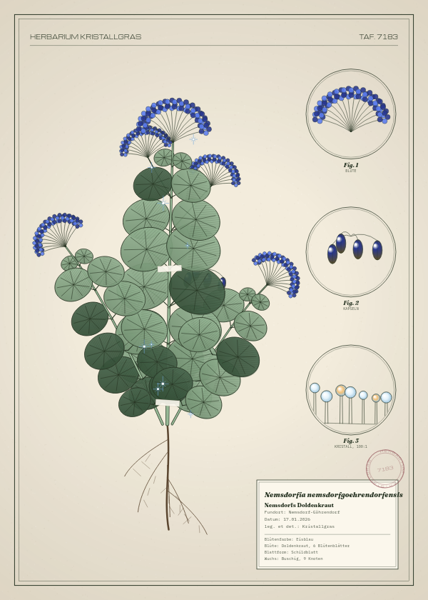 Botanische Tafel: Nemsdorfia nemsdorfgoehrendorfensis, eine erfundene Pflanze aus Nemsdorf-Göhrendorf, gezeichnet wie in einem alten Pflanzenatlas