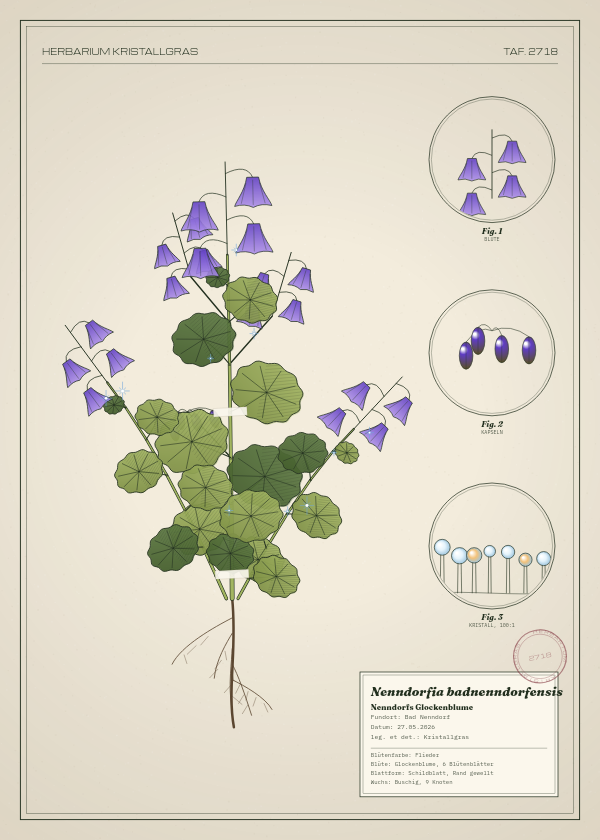 Botanische Tafel: Nenndorfia badnenndorfensis, eine erfundene Pflanze aus Bad Nenndorf, gezeichnet wie in einem alten Pflanzenatlas