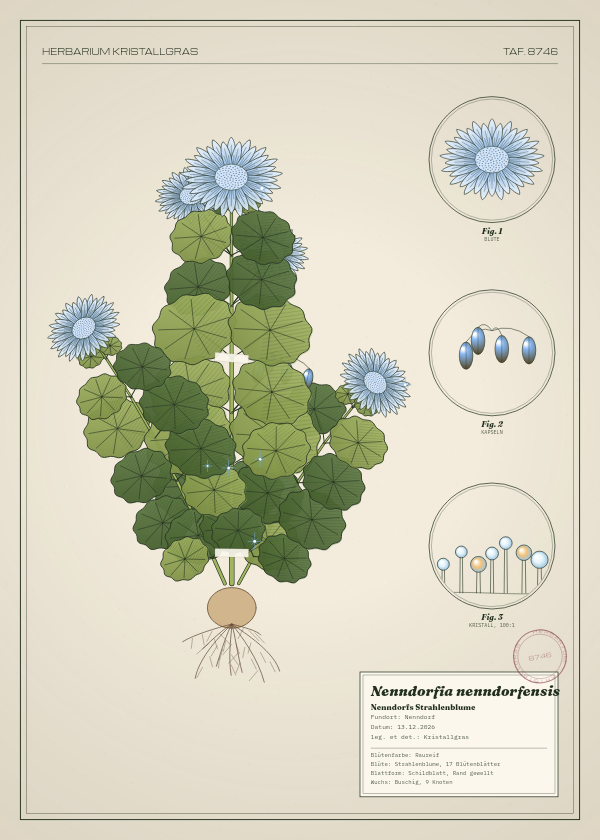 Botanische Tafel: Nenndorfia nenndorfensis, eine erfundene Pflanze aus Nenndorf, gezeichnet wie in einem alten Pflanzenatlas