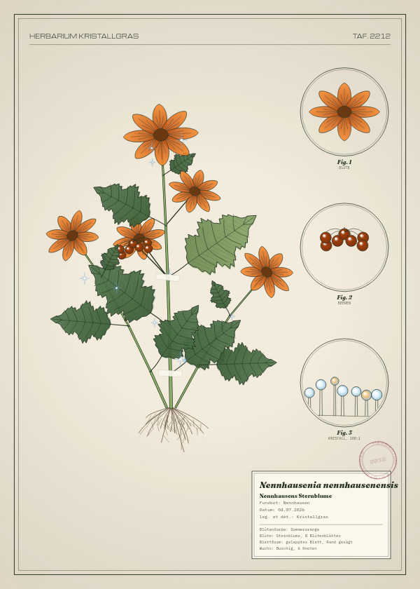 Botanische Tafel: Nennhausenia nennhausenensis, eine erfundene Pflanze aus Nennhausen, gezeichnet wie in einem alten Pflanzenatlas