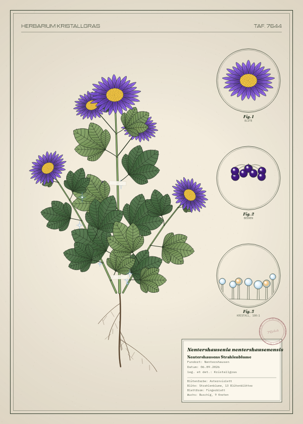 Botanische Tafel: Nentershausenia nentershausenensis, eine erfundene Pflanze aus Nentershausen, gezeichnet wie in einem alten Pflanzenatlas