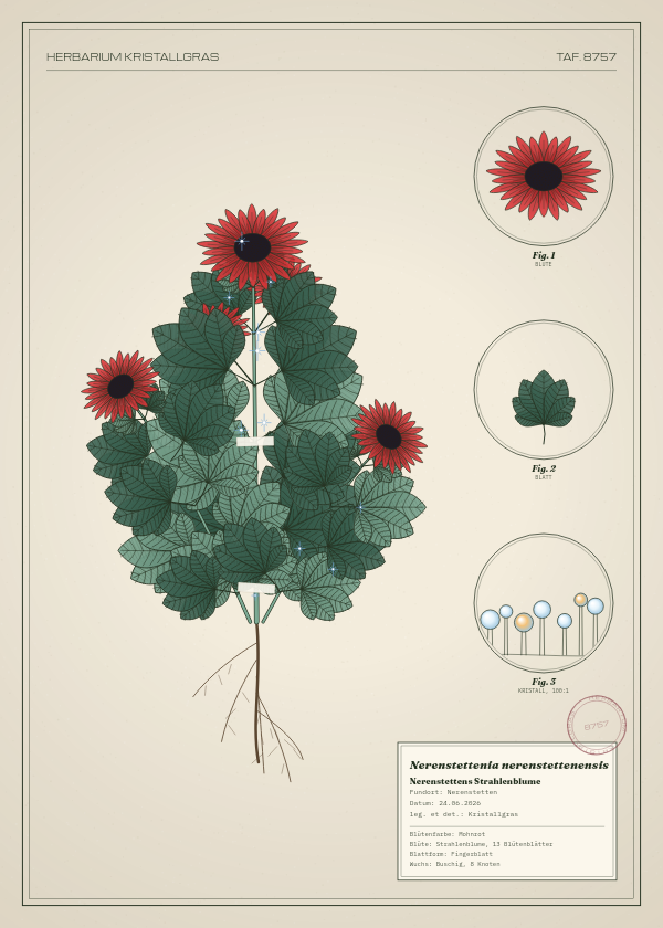 Botanische Tafel: Nerenstettenia nerenstettenensis, eine erfundene Pflanze aus Nerenstetten, gezeichnet wie in einem alten Pflanzenatlas